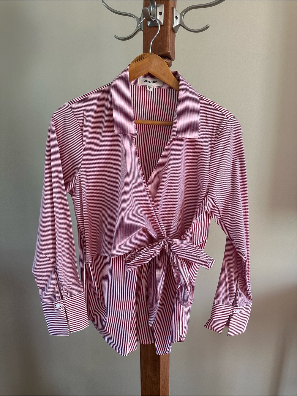 Jak & Rae Striped Tie-Front Button Shirt — Red & White
